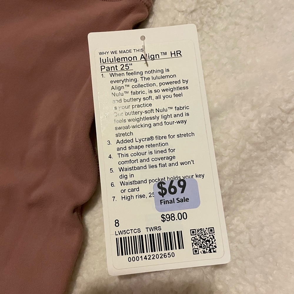 Lululemon align HR leggings 25” size 8 Twilight Rose, new with tags